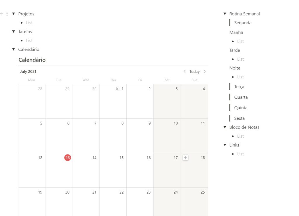 calendário no notion