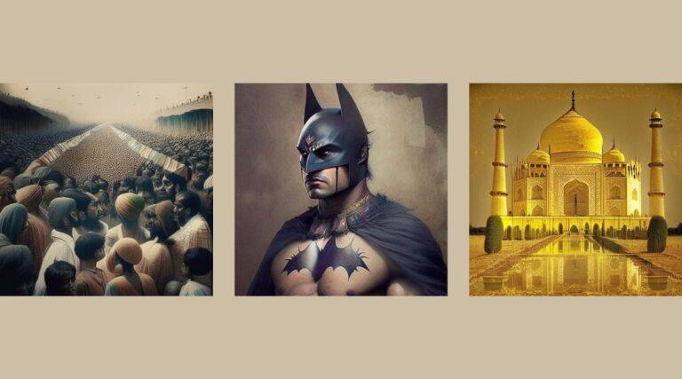 Imagens geradas pelo Forefront Chat a partir de prompts como #Imagine uma representação visual da população da Índia, #Imagine Batman como indiano e #Imagine o Taj Mahal amarelo.
