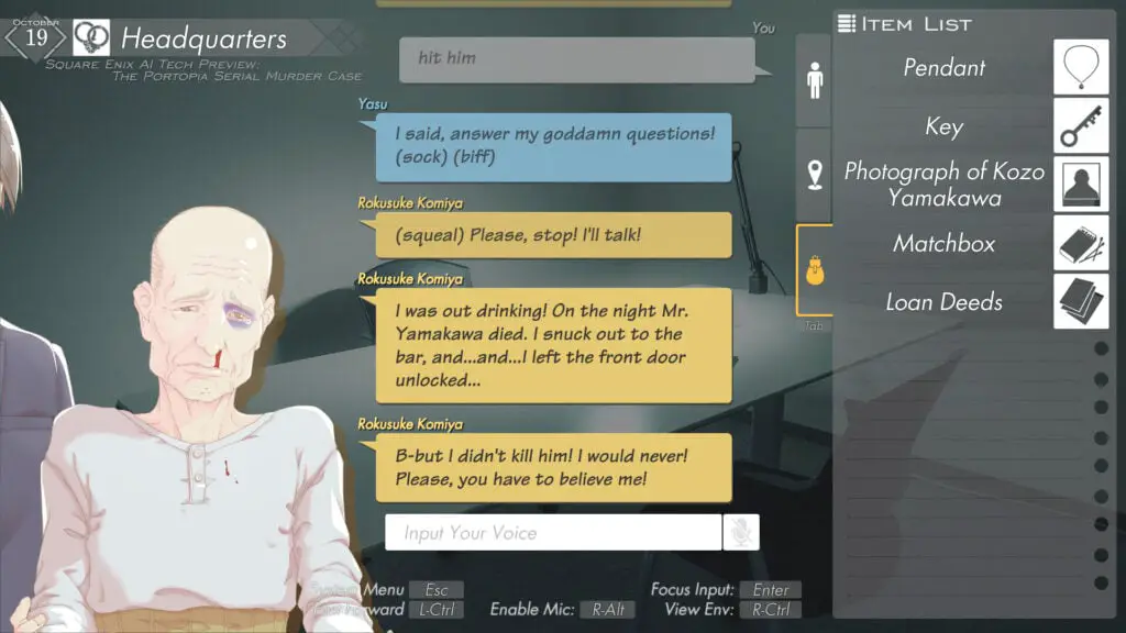 Square Enix AI Tech Preview: The Portopia Serial Murder Case diálogo com inteligência artificial nesse game