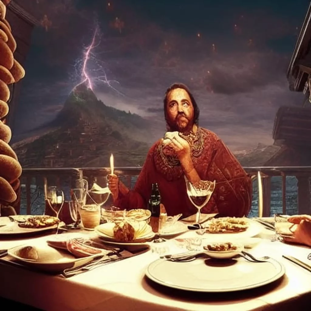 Prompt do gerador de imagem NightCafe AI: Jantar com o Deus