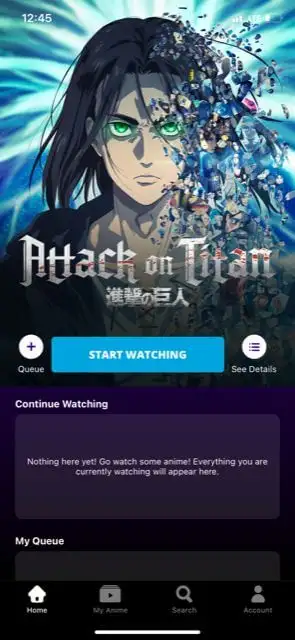 interface do app Funimation