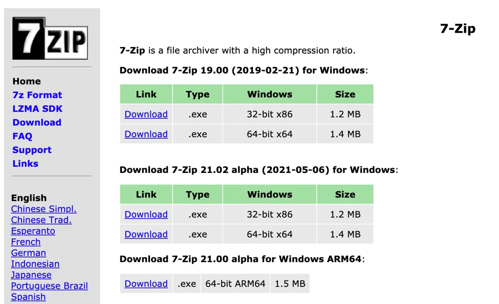 interface do usuário do 7zip