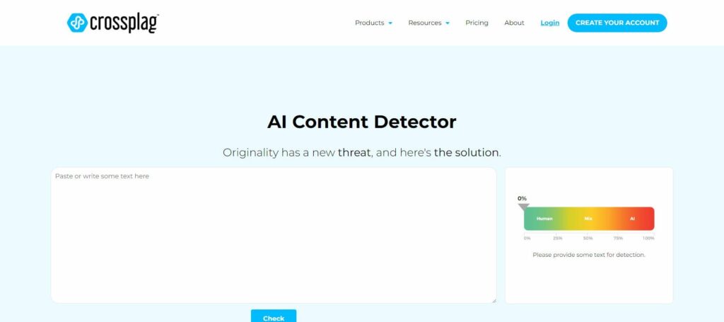 CrossPlag AI Content Detector é outra opção para verificar seu conteúdo gerado com IA