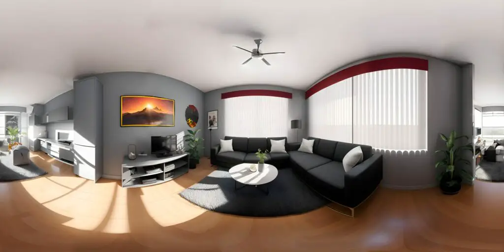 Prompt: Uma vista interior em VR360 de alta qualidade, detalhada e profissional de um quarto de uma família de 4 pessoas, ilustração micro detalhada em VR360, sala de estar, panorâmica equiretangular de 8k, renderização archviz em c4d, VR360 (Realista)