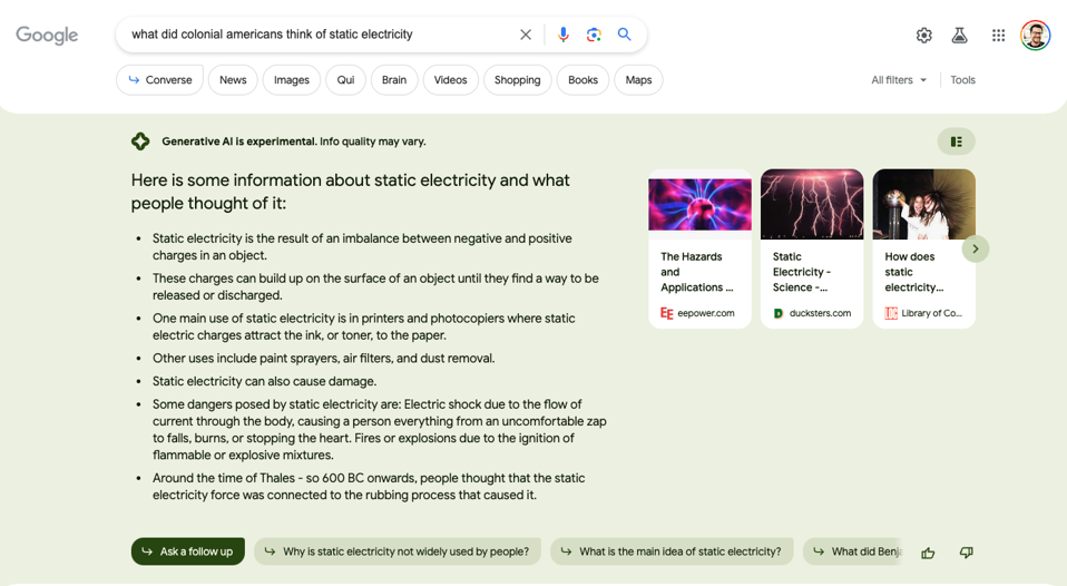 Perguntar para a nova IA do Google sobre como as pessoas do passado pensavam sobre a eletricidade estática.