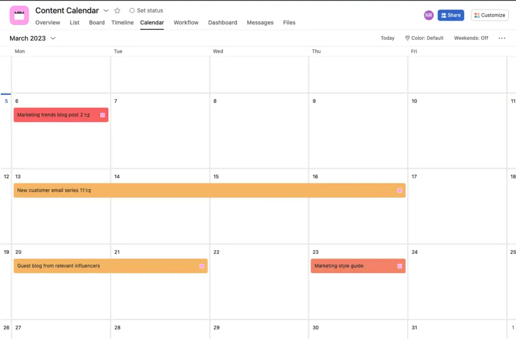 calendário do asana