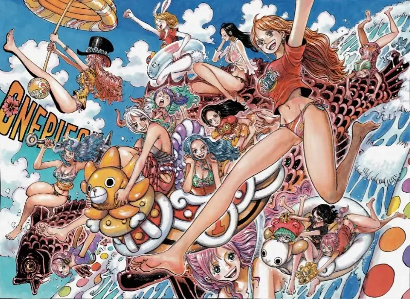 A ilustração colorida de Eiichiro Oda para o Capítulo 1084 de One Piece, intitulado "A Tentativa de Assassinato de um Dragão Celestial" (2023)