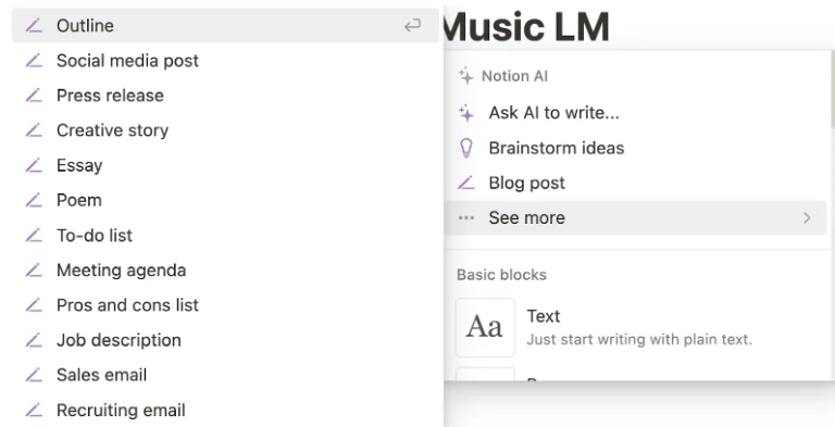 Com o Notion AI, você tem acesso a modelos de prompts que ajudam a criar novos textos, mesmo se você não estiver familiarizado com a utilização de LLMs.