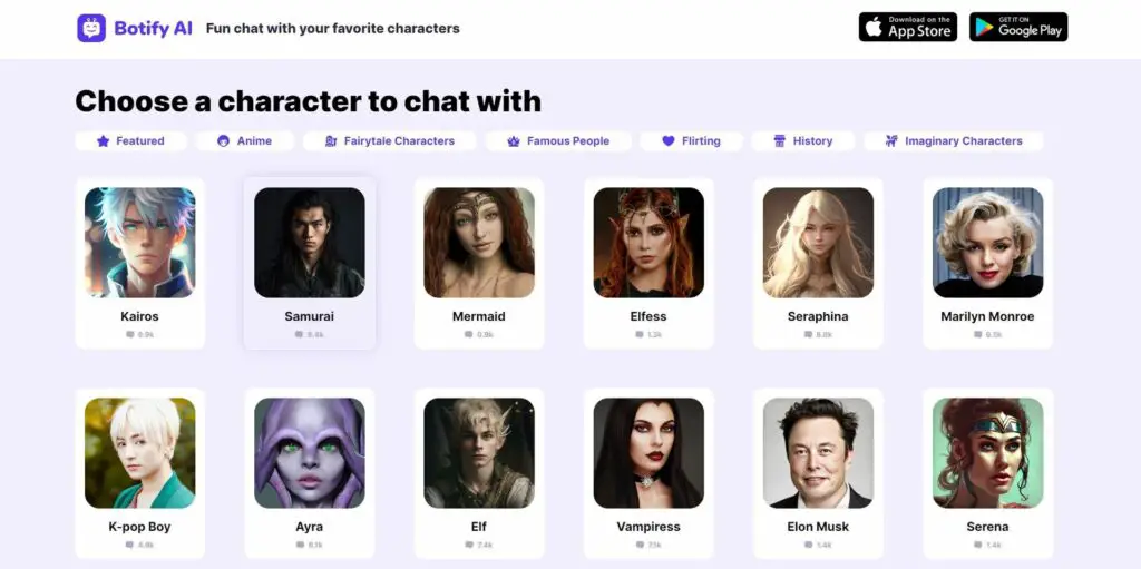 seleção de personagens no botify