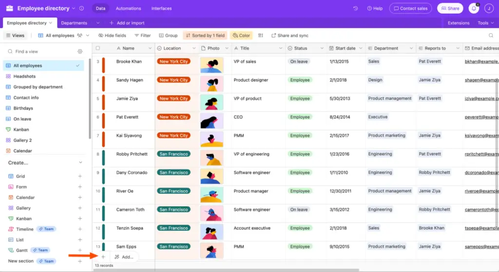 Para adicionar um registro, clique em Adicionar registro, que se parece com um sinal de adição (), na parte inferior de um modo de exibição de grade. Ou você pode clicar em um registro existente e usar o atalho de teclado: +.+ShiftEnter