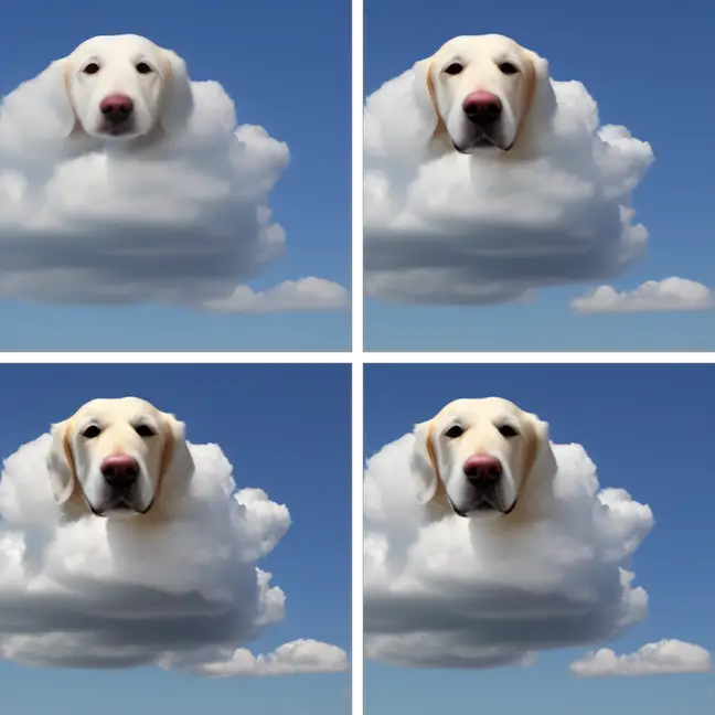 Uma nuvem em forma de cachorro flutuando em um céu azul claro - do alto à esquerda, indo no sentido horário, a 10 passos, 20 passos, 40 passos e 120 passos.