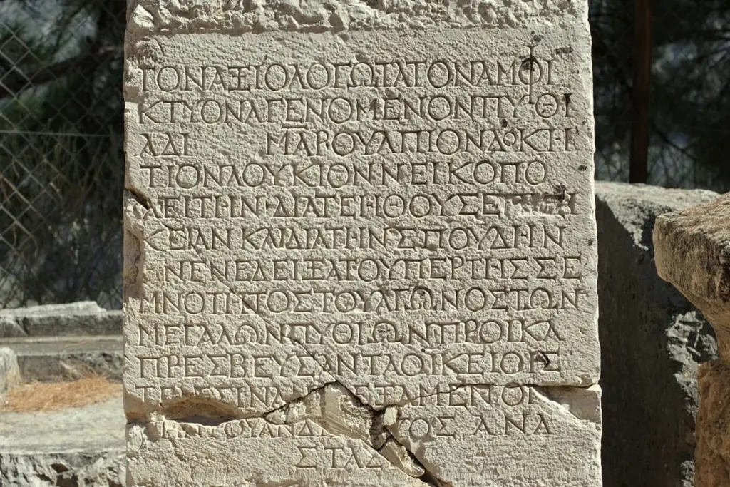 Inscrição em Grego Antigo em Delfos, Grécia. Crédito: Zde / CC BY-SA 4.0 / via Wikimedia Commons